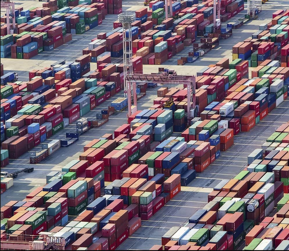 Illustration of shipping containers and globe